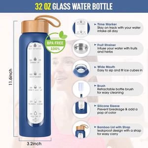 Bouteille d'eau classique à large ouverture de 1000 ml, en verre borosilicate fait main, anti-fuite, sans BPA, sans danger pour les aliments, avec couvercle en bambou et manchon en silicone - Product Image 4