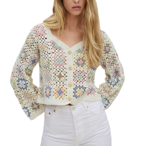 定制女士开衫曼谷纽扣毛衣手工钩针春花开衫女式长袖针织毛衣 - Product Image 2