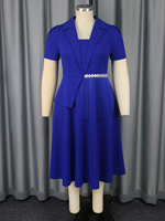 Robe de carrière formelle pour femme, bleu roi, à manches courtes, col à revers, avec pompons, coupe trapèze, grande taille, AM050320