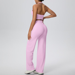 Wholesale Halter Neck Yoga Set Women Backless Sports Bra Straight Leg Pants Seamless Stretchy Nylon Elastane Gym Fitness Outfit - Product Image 4