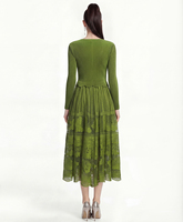 Robe plissée élégante pour femme, printemps-automne, taille naturelle, mi-longue, ceinture, décoration florale unie, col rond, manches longues, patchwork