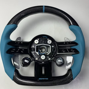 Volant de voiture personnalisé en fibre de carbone véritable pour AMG W206 W223 W213, cuir perforé bleu personnalisable, mise à niveau sur mesure - Product Image 1