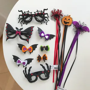 New Halloween Bat Bow Fabric Sequin Hairpin Side Clip Spider Glasses Fairy Stick Children&#39;s Accessories