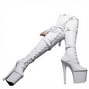 High <b>Heels</b> Platform Knee Black ZIP Narrow Band PU Lady Shoes 8 Inch <b>White</b> Stripper Club New Gothic Women Over-the-Knee Shoes - Product Image 6