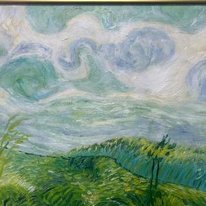 Pintura al óleo impresionista, lienzo de pradera verde, arte de pared impreso por Arte Giclee Floral envuelto para comedor - Product Image 3