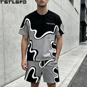 Custom Wavy Panelled Short Set Heavyweight Grey <b>Black</b> Colorblock Streetwear Two Piece T-Shirt Shorts Set Wholesale Bulk - Product Image 1