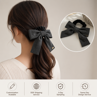 Chouchous pour cheveux personnalisés en velours côtelé vintage avec nœud, longs, élégants et unis, vente en gros pour femmes