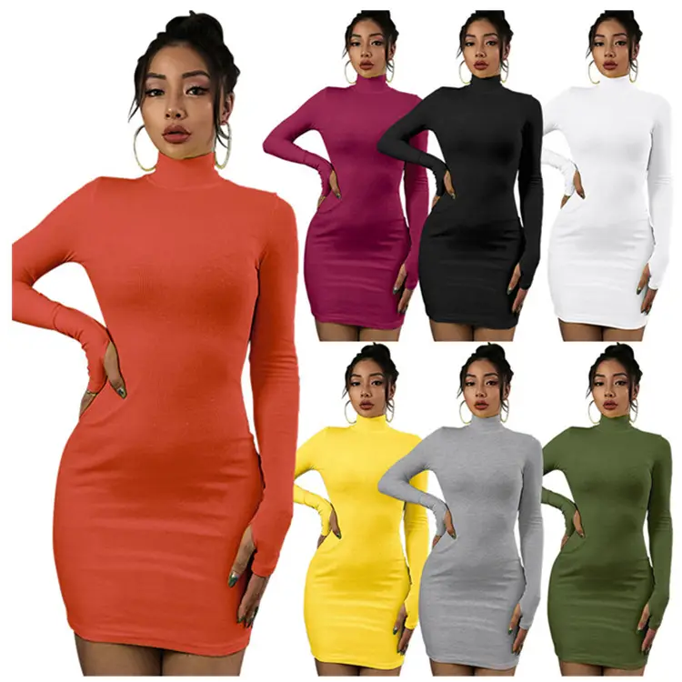 Groothandel Herfst Kleding Vrouwen Lange Mouw Hoge Hals Coltrui Bodycon Mini Jurk