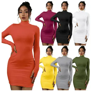 Wholesale autumn clothing women long sleeve high neck turtleneck bodycon mini dress