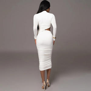 Verano otoño mujer señora vestidos elegantes moda manga larga Sexy hueco plisado Delgado Color sólido señoras vestidos femeninos - Product Image 6