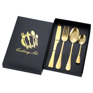 Juego de 4 piezas de cuchillo, tenedor y cuchara de acero inoxidable 1010, utensilios dorados para carne y postre, en caja de regalo. - Product Image 4