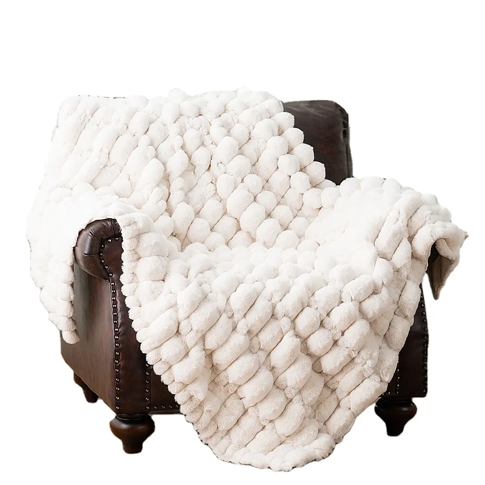 Bouncing Bubbles Blanket Elegant White Super Soft Double Layer Ruched Faux Fur Micro Mink Lined Throw Blankets