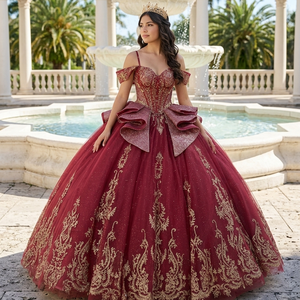 1331 Impresionantes vestidos de quinceañera rojos con lentejuelas y hombros descubiertos para chicas de 15 años - Product Image 1