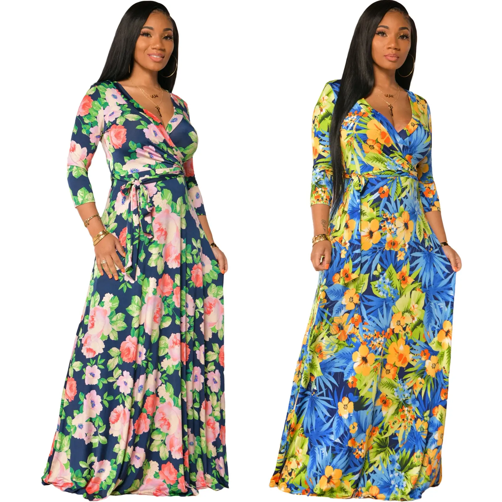 Drop shipping 2021 hot sale fashion Printed V-neck with large swing women clothing 2021 long dress dresses women lady elegant