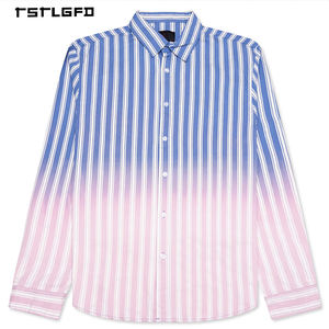 Camisa Casual para Hombre, Diseño a Cuadros Degradado Personalizado, Manga Larga, Cuello Abotonado, Corte Ajustado, Estilo Vintage, Transición Azul-Rosa, 100% Algodón, 2026 - Product Image 1
