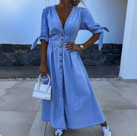 Damen V-Ausschnitt Midikleid mit hoher Taille, Knopfleiste vorne, Denim A-Linien-Rock mit Schlitz, lässig für den Alltag, Kaffeefarben, figurschmeichelnd, bequem