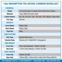 Jeu de roues Brompton en carbone à trois rayons de 16 pouces, largeur 25 mm, carbone forgé T800 de 23 mm, 380 g/480 g, moyeu à cliquet pour vélo pliant et vélo de ville