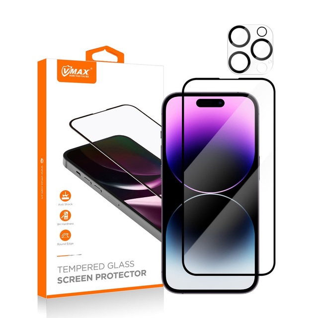 Vmax 1 Pack 3D 9H Tempered Glass Screen Protector for iPhone 15 14 16 17 Pro Max with 1 Pack Camera Lens Protector Film