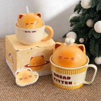 Service à café et thé en céramique écologique à thème chaton de dessin animé, avec baguettes, bol à soupe à double anse, couvercle et porte-cure-dents