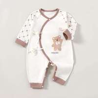 Combinaison bébé en coton doux à nouer sur le côté, motif ours de dessin animé, manches longues, style kimono, body nouveau-né, vêtements de bébé pour tous les jours