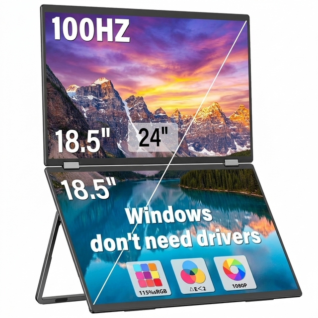 Dual Portable Monitor 18.5 Inch 100Hz FHD 1080P Foldable Laptop Screen Extender for Mac Windows Office Productivity