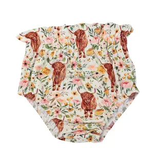 2024 Newest Western Style Cow Flower Pattern Baby High Elastic Waist Shorts Baby Girls Milk Silk Fabric Bloomers