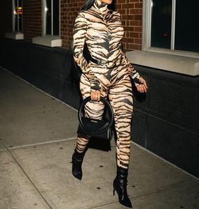 Viviblook Z0203JP <b>Women</b> Sexy Stretch Skinny Streetwear Tiger Print High Neck Full Sleeve One Piece <b>Jumpsuit</b> - Product Image 2