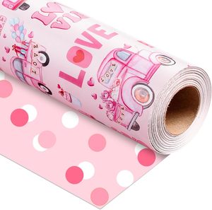 Papel de regalo de San Valentín de ensueño y romántico, diseño de coche de dibujos animados con lunares rosas y diseño de amor, personalizable - Product Image 5