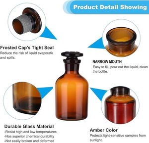 Botella de Reactivo de Vidrio Ámbar para Laboratorio, con Tapón de Vidrio, Boca Estrecha Plana, Varios Tamaños: 30ml, 60ml, 125ml, 250ml, 500ml, 1000ml, Ámbar y Transparente - Product Image 4