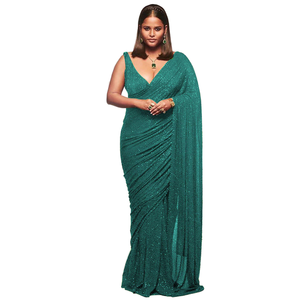 ผ้าส่าหรีเลื่อมสีฟ้าอมเขียวสวยงามสำหรับใส่ในงานต้อนรับ - Product Image 1