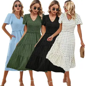 Spring summer foreign trade women MIDI dress casual solid color V-neck short-sleeved dress