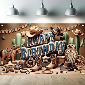 Bannière de fond Joyeux Anniversaire Thème Western Cowboy, Décorations de Fête, Accessoires Photo Bottes Chapeau Cactus Cheval Corde, 71 x 43 pouces - Product Image 1