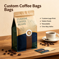 Sachet de café refermable durable avec fermeture éclair, pochette autoportante en aluminium avec valve d'air pour grains torréfiés, vente en gros