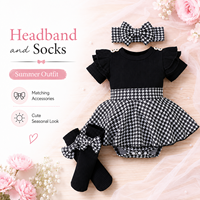 Ensemble robe barboteuse pour bébé fille, manches à volants, body à carreaux, bandeau et chaussettes, tenue d'été