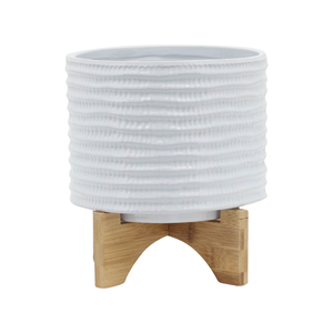 Vaso in ceramica con supporto in legno, fioriera moderna testurizzata per decorazioni da giardino, patio e casa - Product Image 1