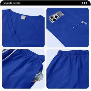 Women V-Neck <b>Scrub</b> Set <b>Blue</b> Two Piece Uniform With Zipper Pockets Moisture Wicking Knitted Fabric Hospital Workwear - Product Image 5