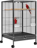 Cage à oiseaux carrée spacieuse sur roulettes, structure en fer forgé, plateau inférieur coulissant, perchoirs en bois, mangeoires pour conures