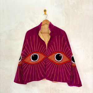 Veste Suzani en velours rose brodé de luxe avec motif œil porte-bonheur, manches longues, col montant, faite à la main pour femme, hiver - Product Image 1