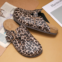 Sabots personnalisés imprimés unisexe en toile léopard, sabots mules à boucle réglable en liège, logo personnalisé, sabots tendance sans talon en cuir pour femme