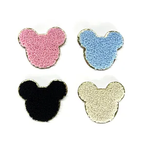 Chenille Patch Iron On/Stick On Gold Glitter Cartoon Mouse Head With Bow Minnie Towel Embroidery Chenille Patches