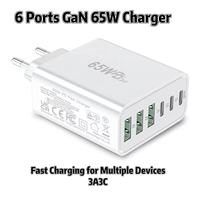 Chargeur GaN PD 65W HNT 6 ports USB-C à charge rapide, bloc de charge portable compatible avec iPhone Samsung Galaxy S25