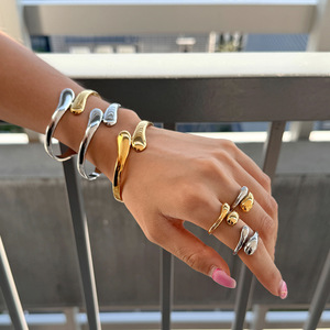 European American Style Bracelet <b>Set</b> Gold Silver Water Droplet Design Unisex Jewelry Gift Titanium Steel Ring And <b>Bangle</b> - Product Image 4