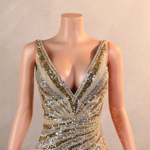 Abito <span class=keywords><strong>da</strong></span> sera <span class=keywords><strong>da</strong></span> donna lungo fino al pavimento, sexy, con scollo a V, schiena scoperta, in paillettes e pizzo <span class=keywords><strong>color</strong></span> <span class=keywords><strong>oro</strong></span>, per feste - Collezione 2025 - Grande Offerta - Product Image 5