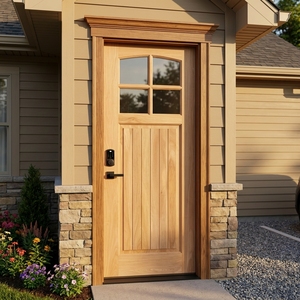 Porte d'entrée en bois massif avec vitre à 4 panneaux arquée, lattes verticales et serrure intelligente, style artisanat américain - Product Image 6