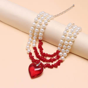 European American <b>Cross</b> Border Jewelry Pearl <b>Chain</b> Heart Pendant Necklace For Women Colorful Red Party Fashion Multi Layer - Product Image 3
