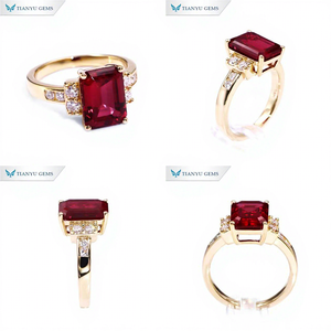 Anello Tianyu in Oro 14K con <span class=keywords><strong>Rubino</strong></span> Sintetico Taglio <span class=keywords><strong>Smeraldo</strong></span> 8x11mm e Moissanite d Vvs, Anello di Fidanzamento in Oro Massiccio per Donne - Product Image 1