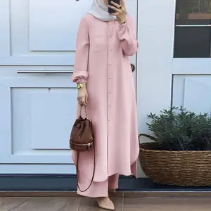 Summer Islamic Clothing Women Eid Modest Muslim Elegant Cardigan Plus Size Two-piece Abaya Set