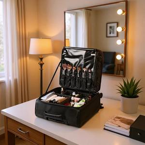 Estuche de tela Oxford para cosméticos con ruedas y asa, bolsa de maquillaje de gran capacidad para almacenamiento en el hogar, apertura con cremallera de color negro sólido - Product Image 3