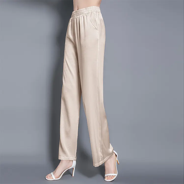 Factory wholesale price silk luxury pants high waist stretch silk long pants waist loose stretch silk trousers