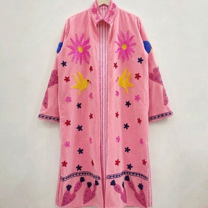Boho Chic <b>Women</b> Hand Embroidered <b>Velvet</b> Suzani Long <b>Jacket</b> Colourful Bird Pattern Full Sleeve Ethnic Style Winter Outerwear - Product Image 1